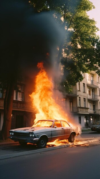 Une voiture est en feu dans une rue de la ville.