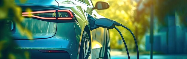 Photo la voiture est reliée par un câble à la station de charge de véhicules électriques.