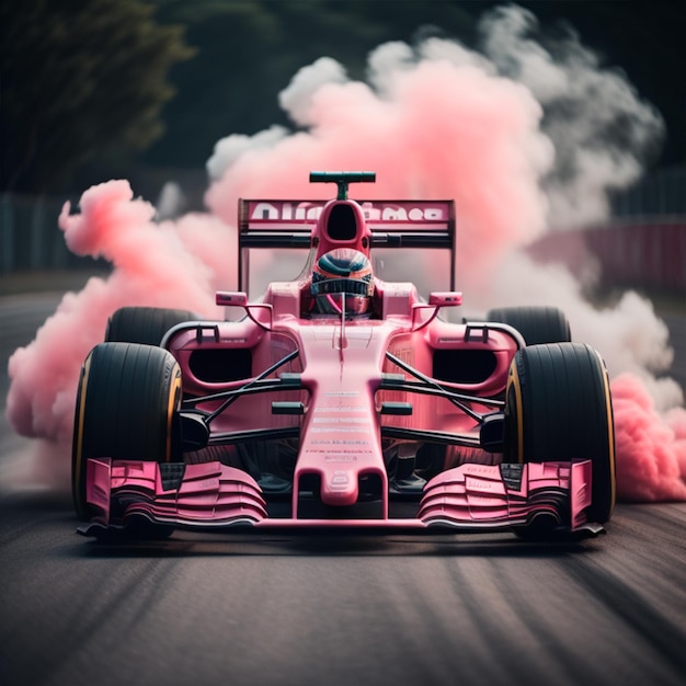 Une voiture F1 rose réaliste dans une piste