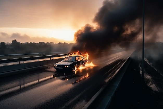 Voiture en feu sur l'autoroute AI générative