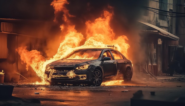 Voiture en feu dans les rues de la ville