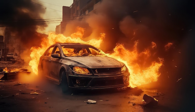 Une voiture en feu dans les rues de la ville