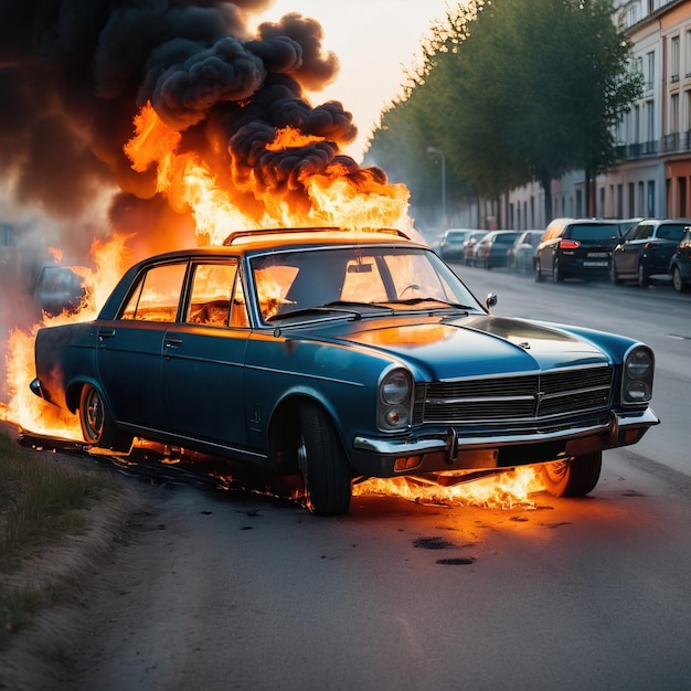 Photo une voiture en feu.