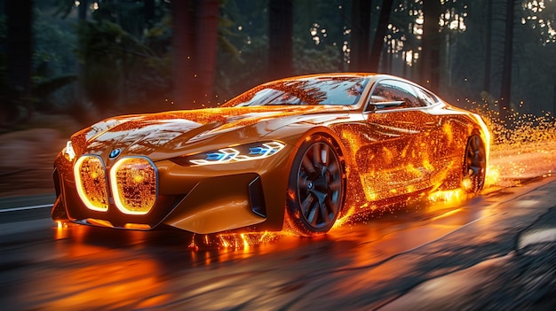 La voiture en feu.