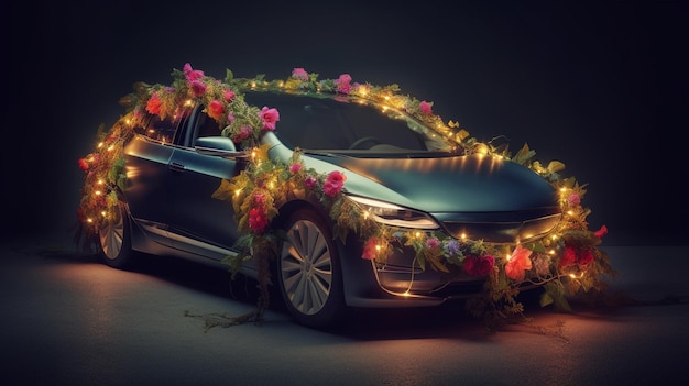 Une voiture avec des fleurs dessus dans le noir