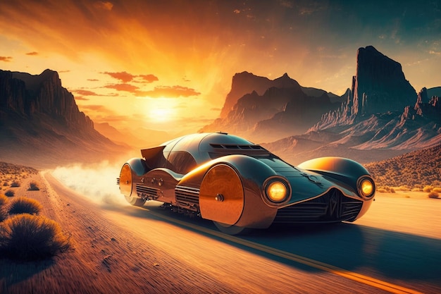 Voiture futuriste accélérant la chaîne de montagnes avec le coucher de soleil en arrière-plan