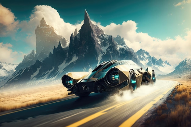 Voiture futuriste accélérant la chaîne de montagnes avec les sommets visibles en arrière-plan