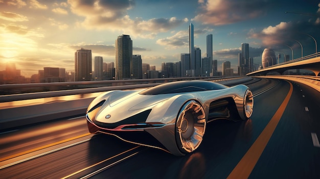 Une voiture futuriste sur une autoroute