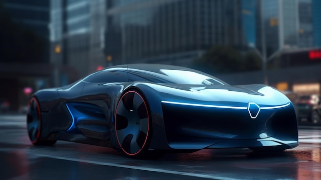 Une voiture futuriste avec une carrosserie bleue et le mot mercedes sur le devant.