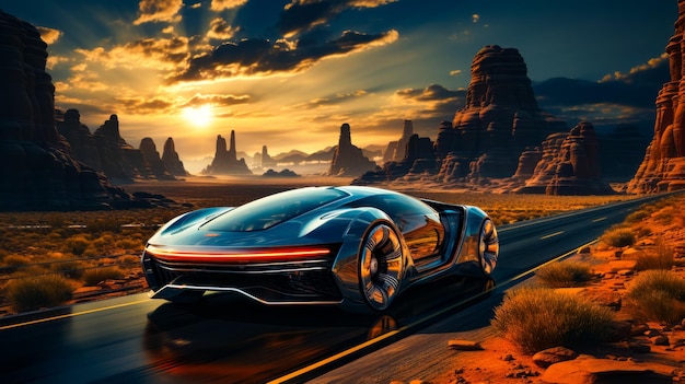 Voiture futuriste conduisant sur route dans le désert au coucher du soleil IA générative