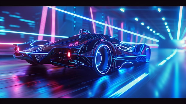 Une voiture futuriste conduisant à travers un tunnel de lumières au néon