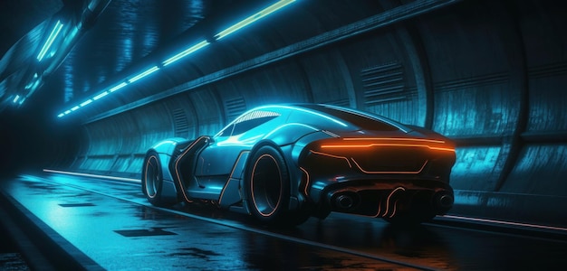 Une voiture futuriste dans un tunnel avec une lumière bleue qui dit "bugatti"