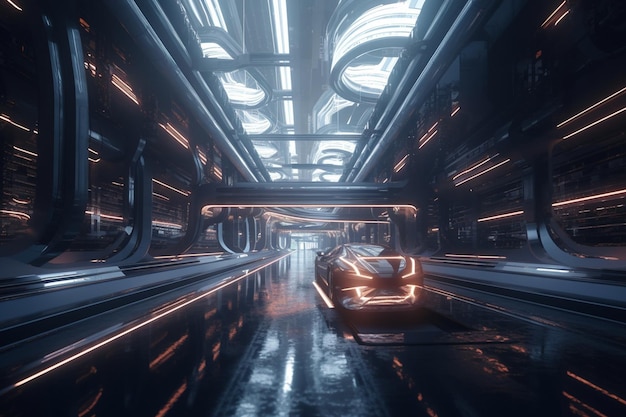 Une voiture futuriste dans un tunnel avec des lumières sur les côtés