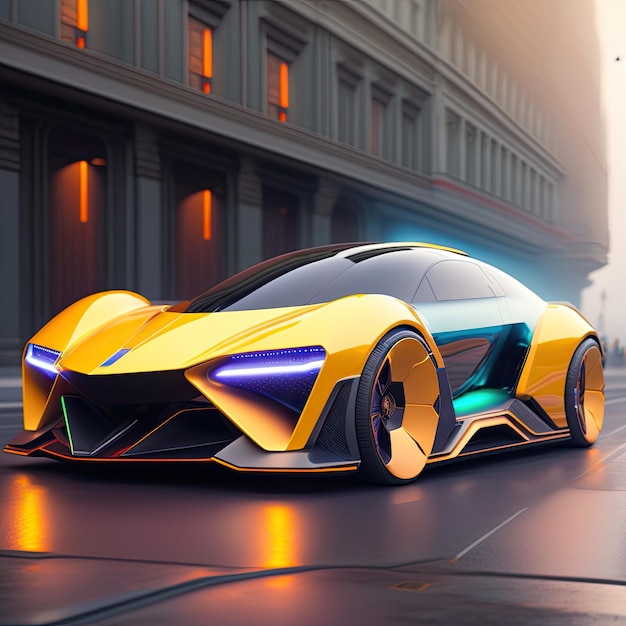 Une voiture futuriste avec un design violet et jaune est dans la rue.