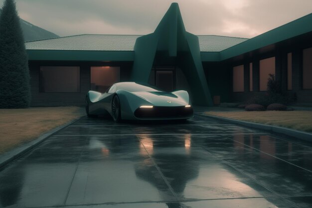 Une voiture futuriste devant une maison