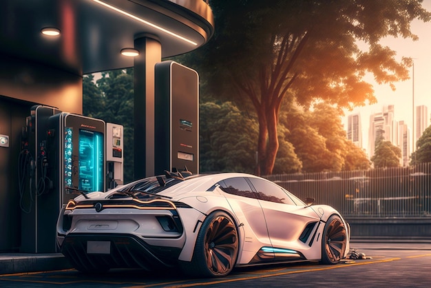 Une voiture futuriste est garée devant une station-service.