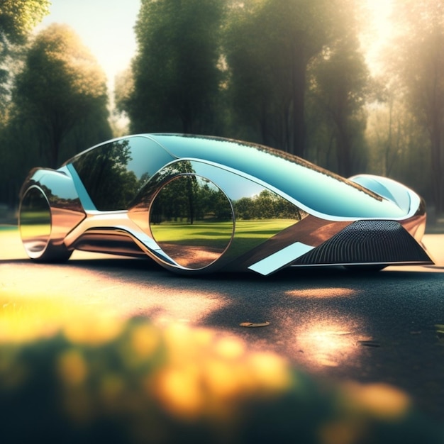 Une voiture futuriste est montrée au milieu d'une forêt.