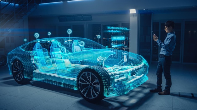 Une voiture futuriste est montrée dans une pièce sombre avec un homme en arrière-plan.