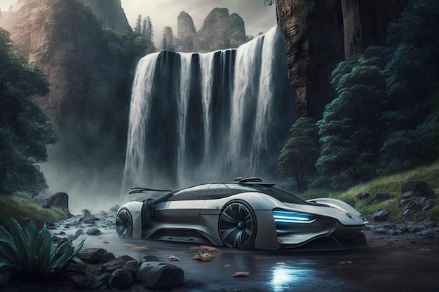 Voiture futuriste filant devant une cascade imposante dans un cadre naturel époustouflant