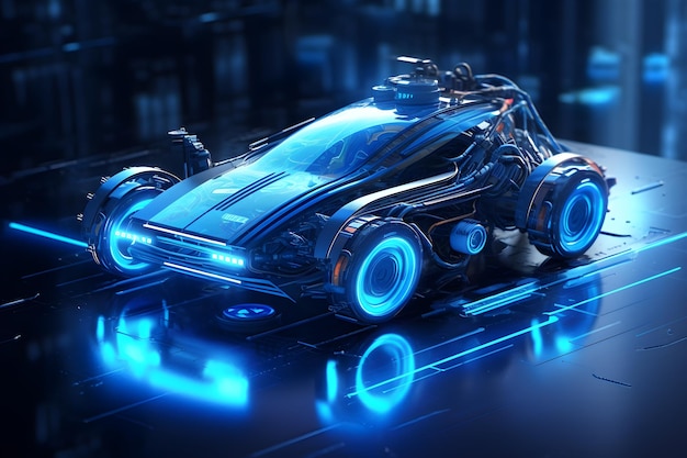Une voiture futuriste avec des lumières bleues et un design futuriste.