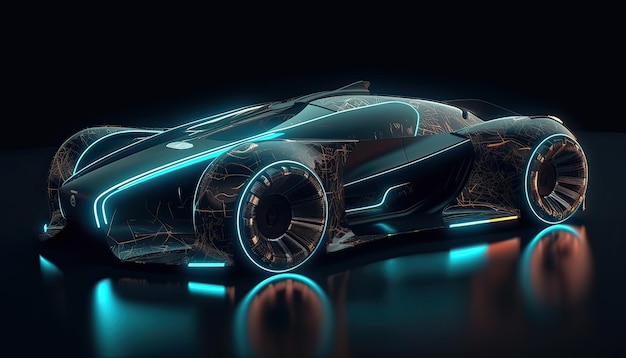 Une voiture futuriste avec des néons et une lumière bleue.