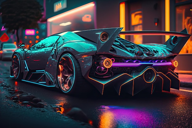 Une voiture futuriste avec des néons et le mot lamborghini sur le côté.