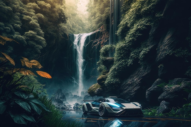 Une voiture futuriste passe devant une cascade imposante dans une forêt luxuriante