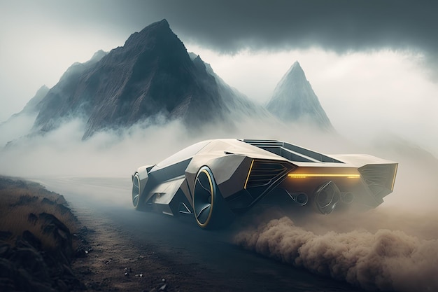 Une voiture futuriste passe devant une chaîne de montagnes avec une atmosphère brumeuse et brumeuse