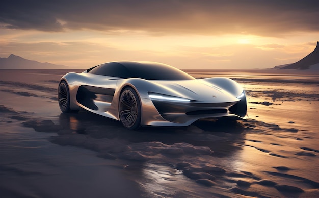 Une voiture futuriste photo repose au bord d'une falaise du désert avec une ai générative au coucher du soleil