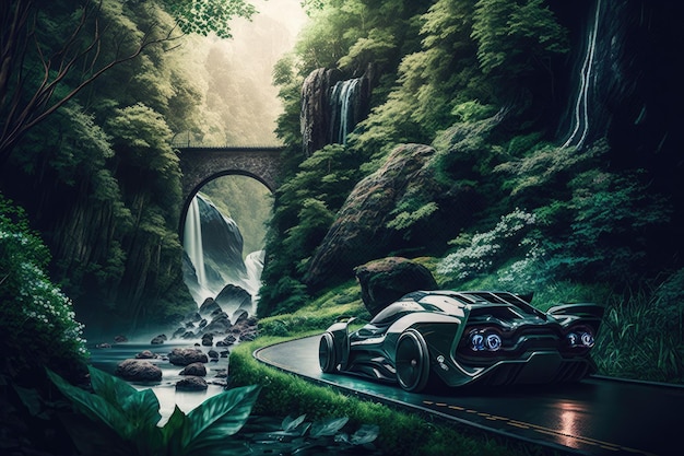 Voiture futuriste roulant le long d'un chemin sinueux devant des cascades et une végétation luxuriante