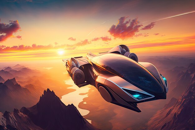 Une voiture futuriste survole les montagnes avec vue sur le lever du soleil en arrière-plan