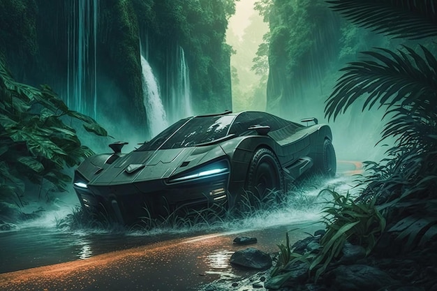 Une voiture futuriste traverse une forêt tropicale dense avec des cascades brumeuses en arrière-plan