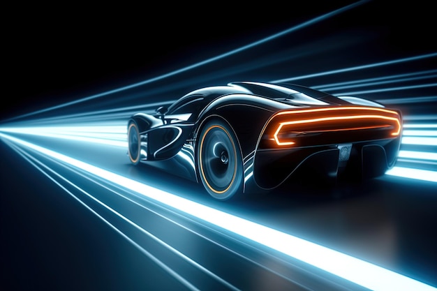 Une voiture futuriste traverse un tunnel avec les lumières allumées.