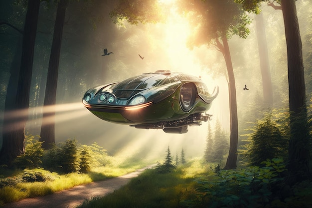 Voiture futuriste volant au-dessus d'une forêt luxuriante avec la lumière du soleil qui brille à travers les arbres