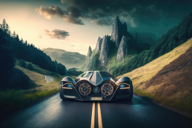 Voiture futuriste voyageant sur une route de montagne venteuse avec vue sur les collines et les grands arbres