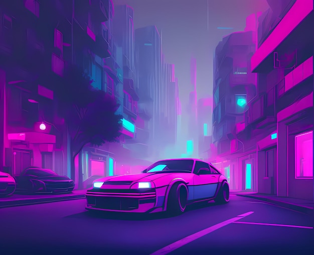 Photo une voiture garée sur le bord d'une route dans une ville la nuit avec des néons sur les bâtiments ai