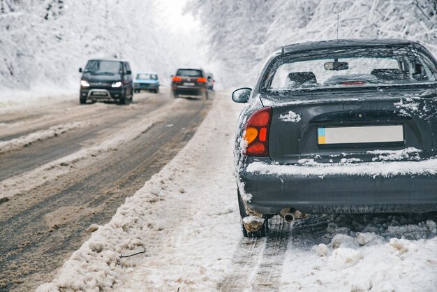 Voiture garée à côté de la tempête de neige