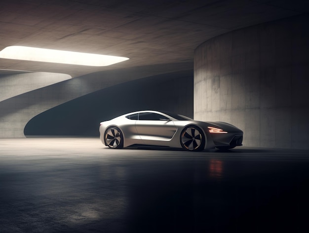 Une voiture garée dans un énorme tunnel futuriste à l'intérieur d'un bâtiment en béton