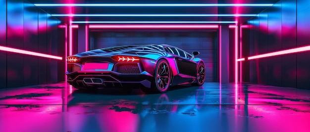 Une voiture haute performance est placée dans un garage éclairé au néon, ses surfaces réfléchissantes reflétant les couleurs vives de son environnement, une scène qui capture la fusion de la puissance brute et du design futuriste.