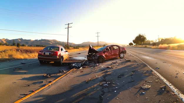 Photo une voiture a heurté une autre voiture sur le bord de la route créant une scène chaotique avec des débris éparpillés.