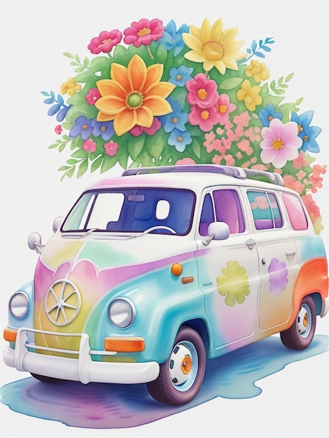 Voiture hippie colorée aquarelle des années 90 avec flore colorée