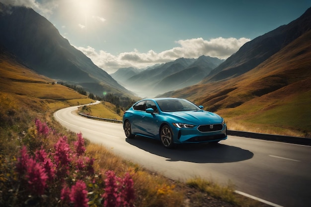 Une voiture hybride traversant une route de montagne pittoresque