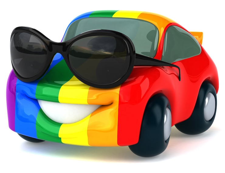 Photo voiture illustrée drôle peinte dans des couleurs arc-en-ciel avec des lunettes de soleil