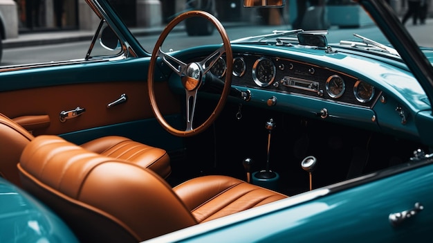 Photo une voiture avec un intérieur bleu et un siège en cuir marron.