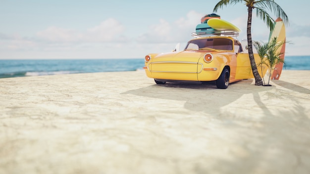 Voiture jaune classique garée au bord de la mer. rendu et illustration 3D.