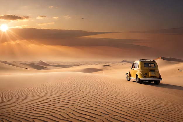 Une voiture jaune dans le désert avec le coucher de soleil derrière elle