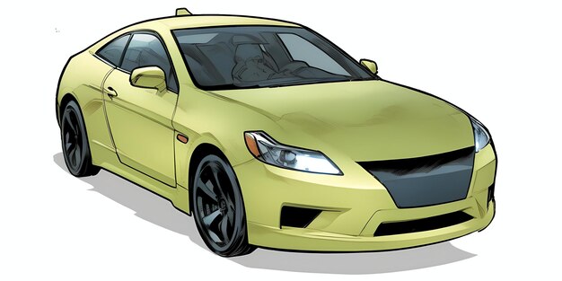 voiture jaune dans ce style de dessin avec un fond blanc et une jante noire AI