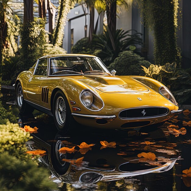 une voiture jaune avec le numéro 2 à l'avant est reflétée dans une flaque d'eau