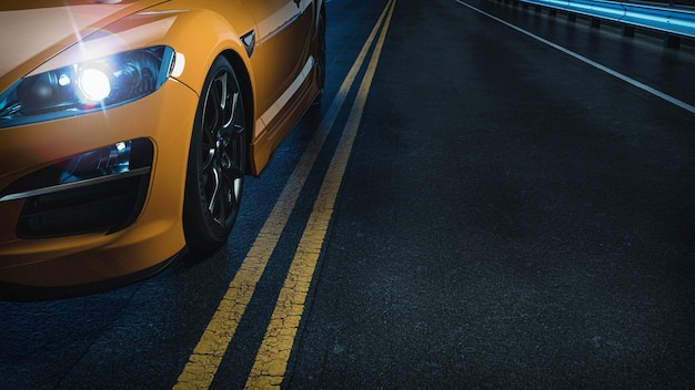 Voiture jaune sur la route la nuit. rendu 3D et illustration.