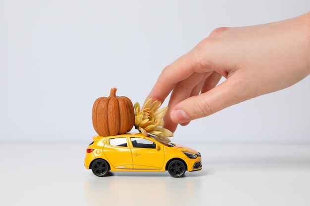 Une voiture de jouet avec une citrouille et une fleur sur un fond clair